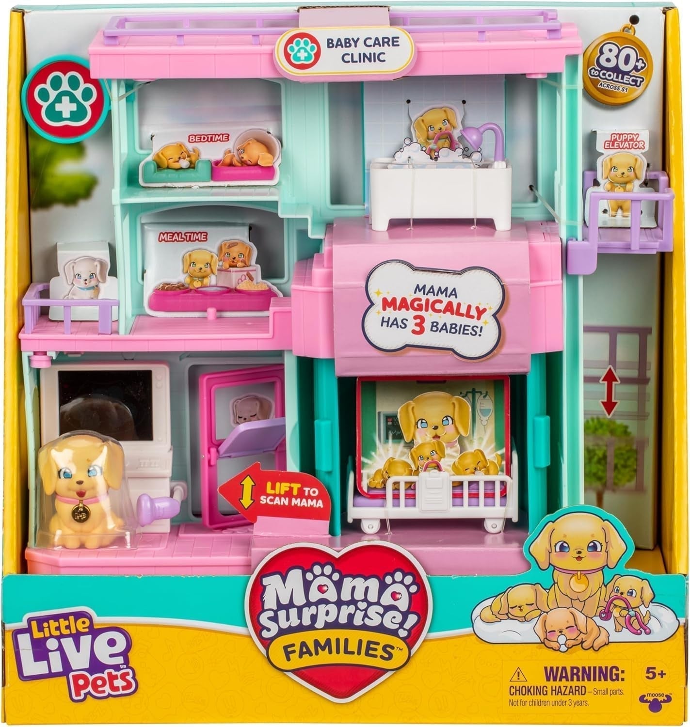 Little Live Pets Mama Surprise Families Baby Clinic Playset, 3 cuccioli di Retriever inclusi, Magic, set da gioco fronte-retro (27,8 cm di larghezza, 23,8 cm di altezza). Action figure regalo per bambini che danno da mangiare, fanno il bagno e giocano Titolo predefinito di Naty Shop