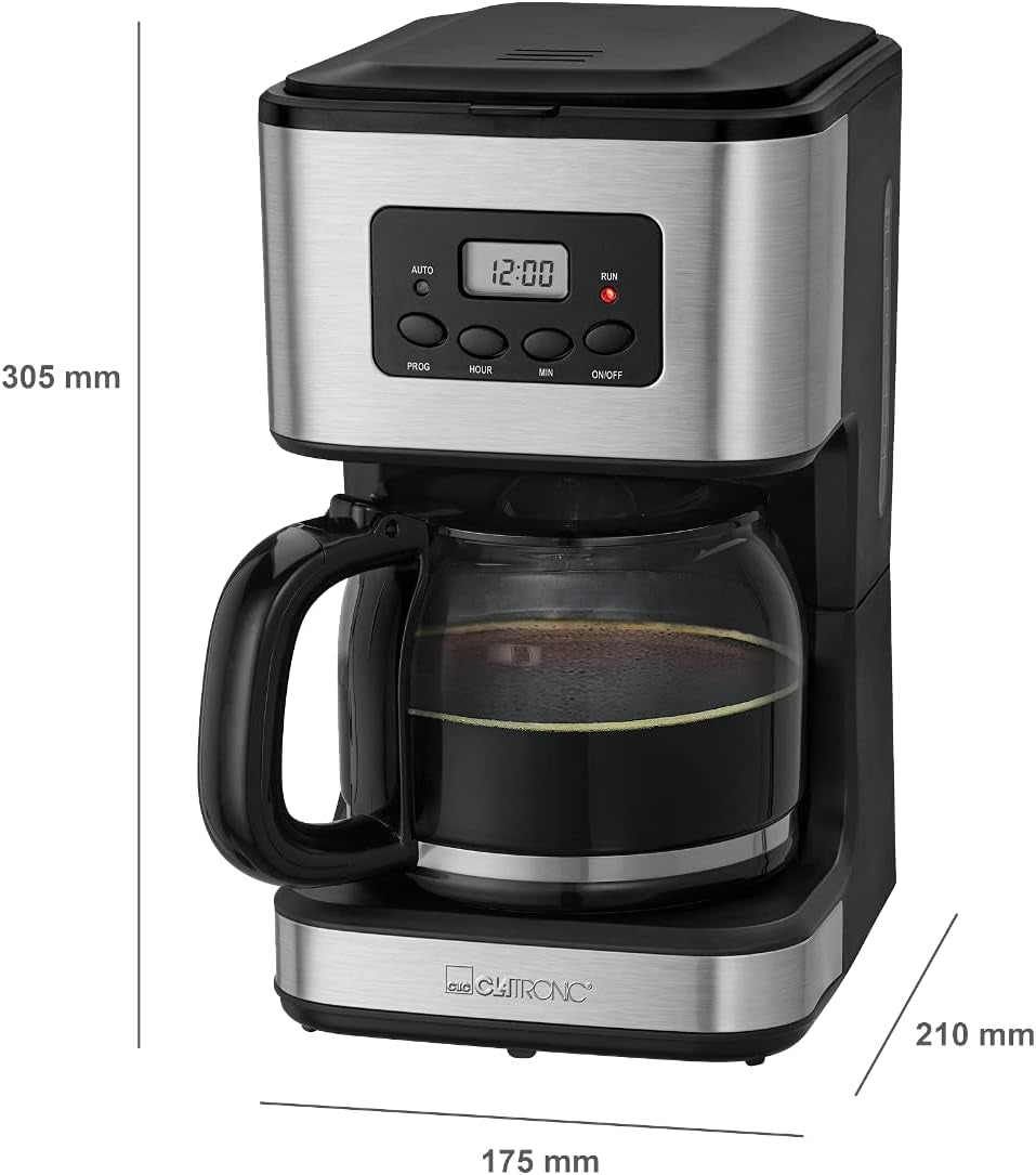 Caffettiera Clatronic® con timer, caraffa da 1,5 litri per 12-14 tazze di caffè, timer LCD 24h, funzione mantenimento in caldo, antigoccia, filtro removibile, display e spie luminose, 900W - KA 3642