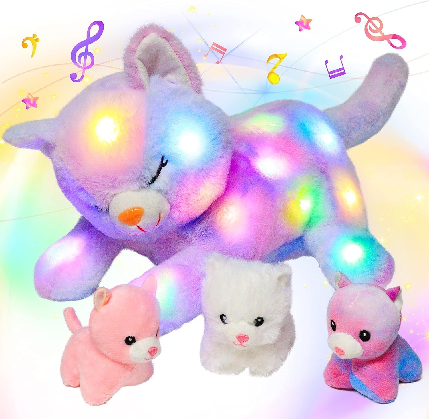 Gatto di Peluche Musicale a LED, Giocattolo Cantante Leggero, Mamma Gatta con 3 Gattini nella Pancia, Ninna Nanna Animata, Giocattolo Rilassante per Mamme, Bambini, Bambine, Arcobaleno, 45 cm