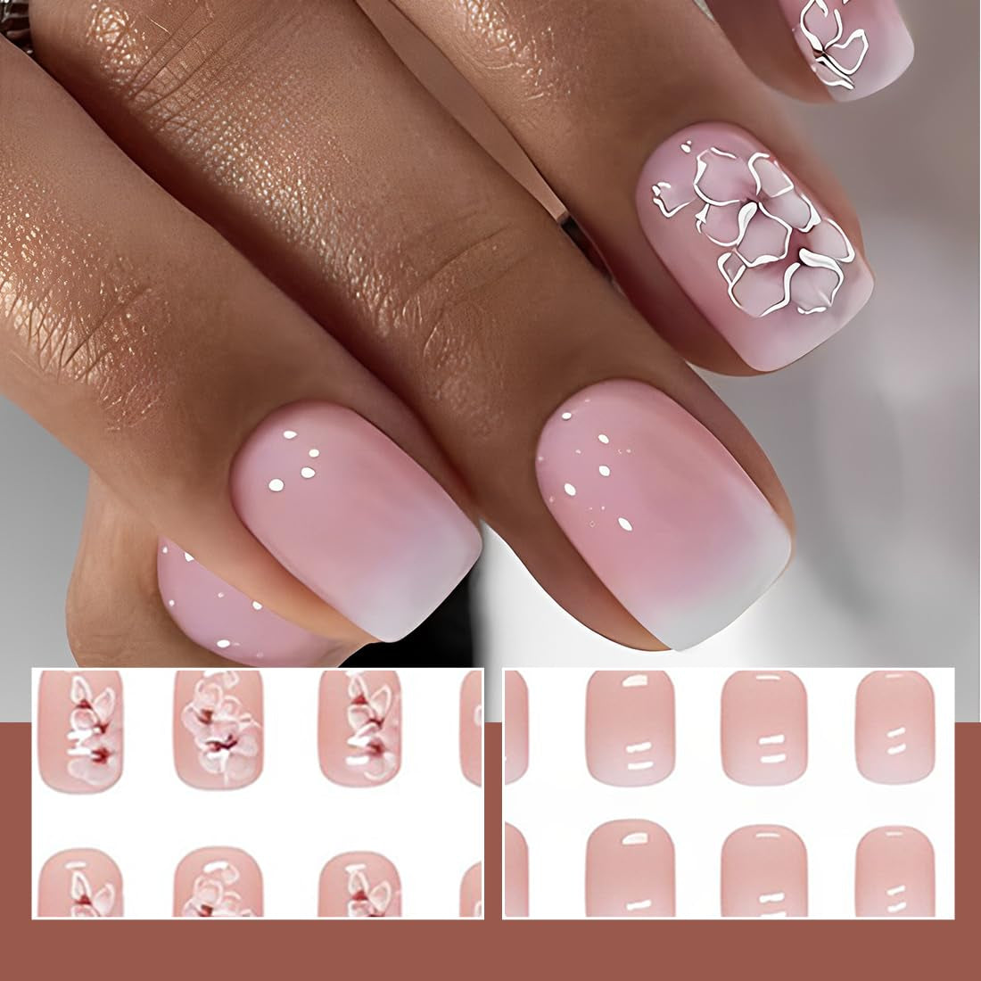 24 pezzi Quadrati bianchi Colla su unghie corte Motivo floreale sfumato rosa Stampa sulle unghie Unghie artificiali Arte delle unghie finte Unghie quadrate francesi Unghie artificiali per le donne
