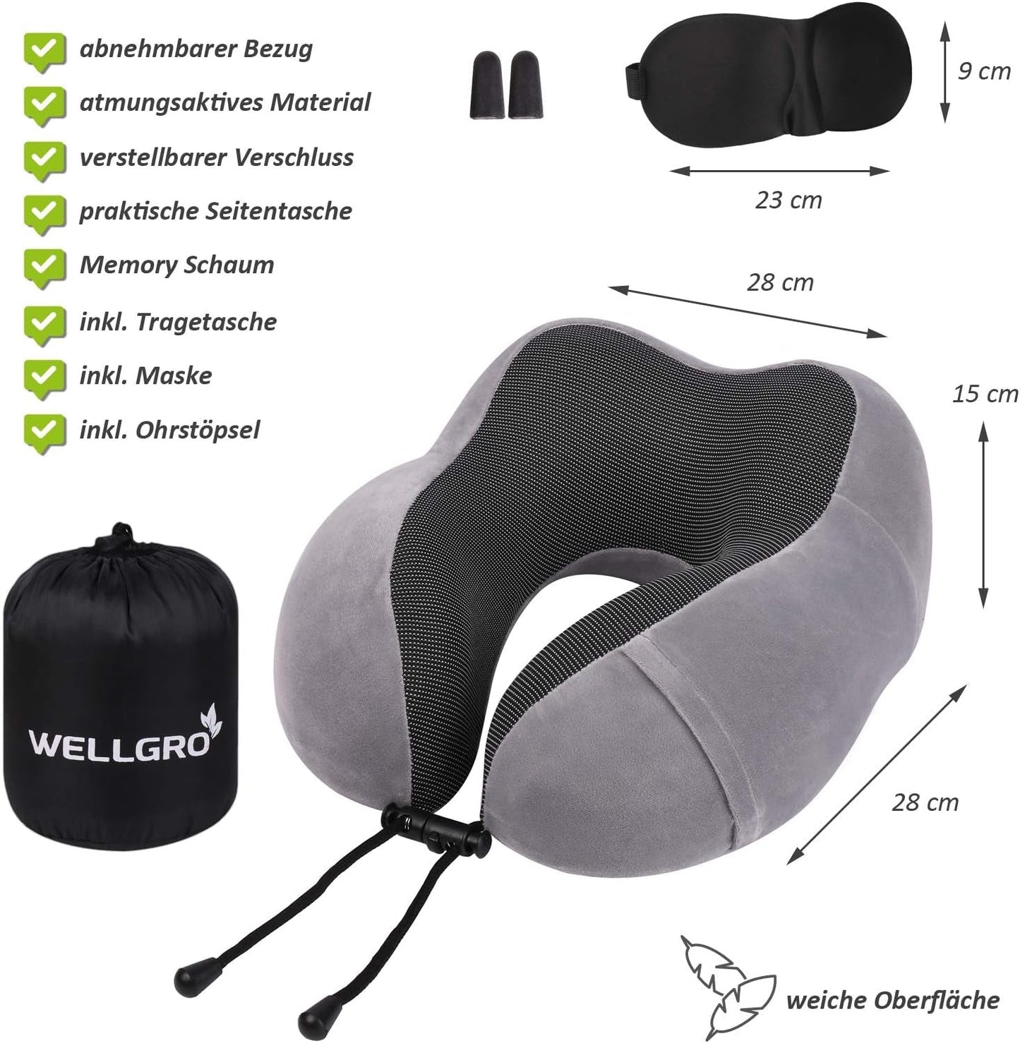WELLGRO Set Cuscini per Collo con Maschera per Dormire 3D e Tappi per Le Orecchie - Fodera Rimovibile - Memory Foam - Chiusura con Cerniera - Inclusa Custodia - Cuscino da Viaggio - Colore Selezionabile, Colore:Grigio Cuscini Ortopedici Cervicali Naty Shop