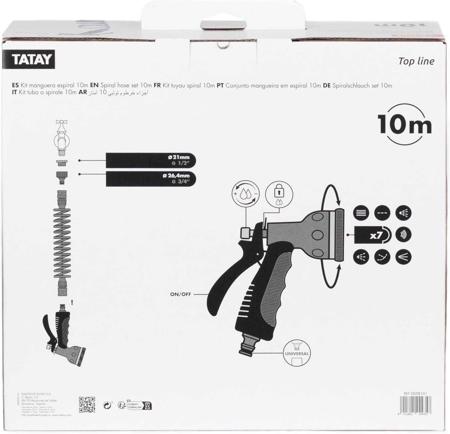 Set tubo spiralato TATAY 10 m con accessori in plastica con protezione UV, ideale per terrazze e piccoli giardini.
