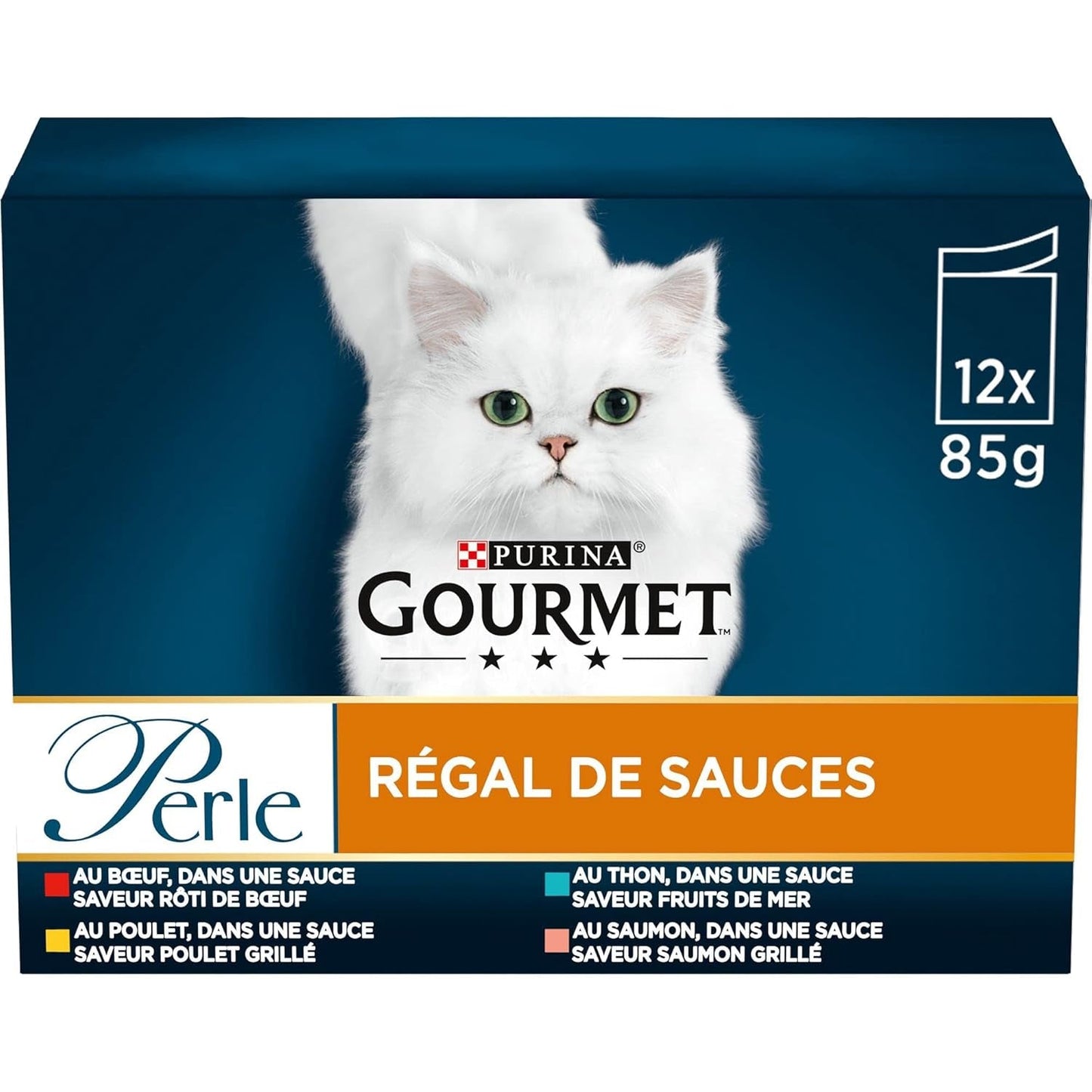 Perla | Portasalsa | Gatto adulto | Manzo, Pollo, Tonno, Salmone | 12 x 85 g | Bustine salvafreschezza (la confezione può variare)