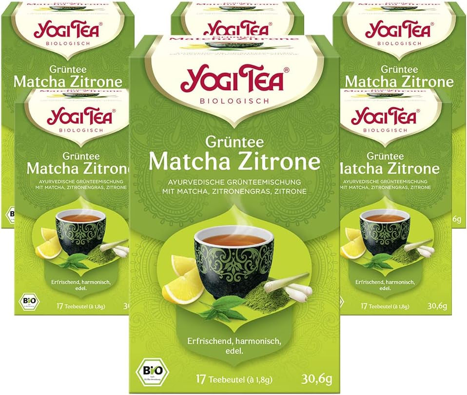 Tè Yogi - Tè verde Matcha con limone, tè verde ayurvedico alle erbe biologico, miscela di tè verde, matcha, citronella e lime, confezione da 6 tè Yogi, 6x17 bustine di tè (102 bustine di tè in totale)
