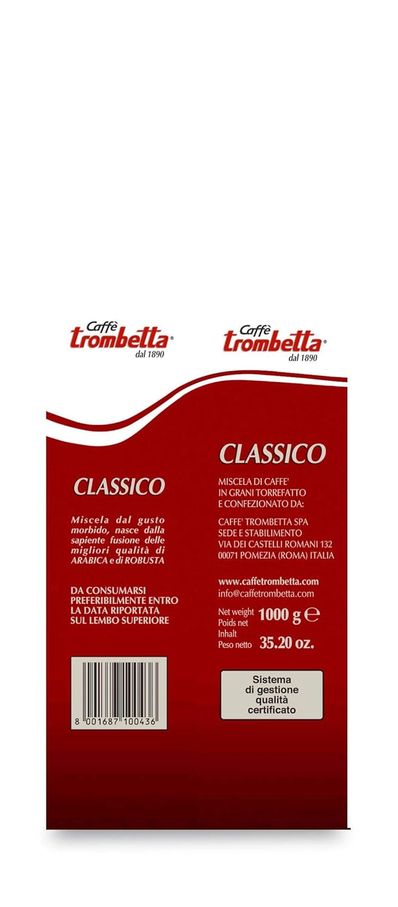 Caffè Trombetta Italien Kaffee Geröstete Kaffeebohnen, classico. Eine perfekte Harmonie zwischen Aroma und Körper - 1 kg