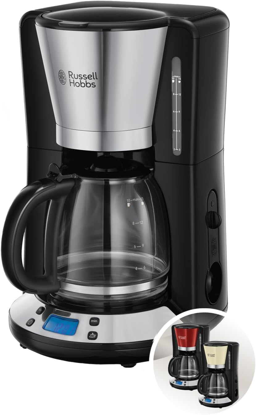 Caffettiera Russell Hobbs [Timer digitale, soffione doccia per estrazione e aroma ottimali] Colors+ Creme (da 1 a 10 tazze, caraffa in vetro da 1,25 litri, piastra riscaldante, 1100 W) Caffettiera con filtro 24033-56