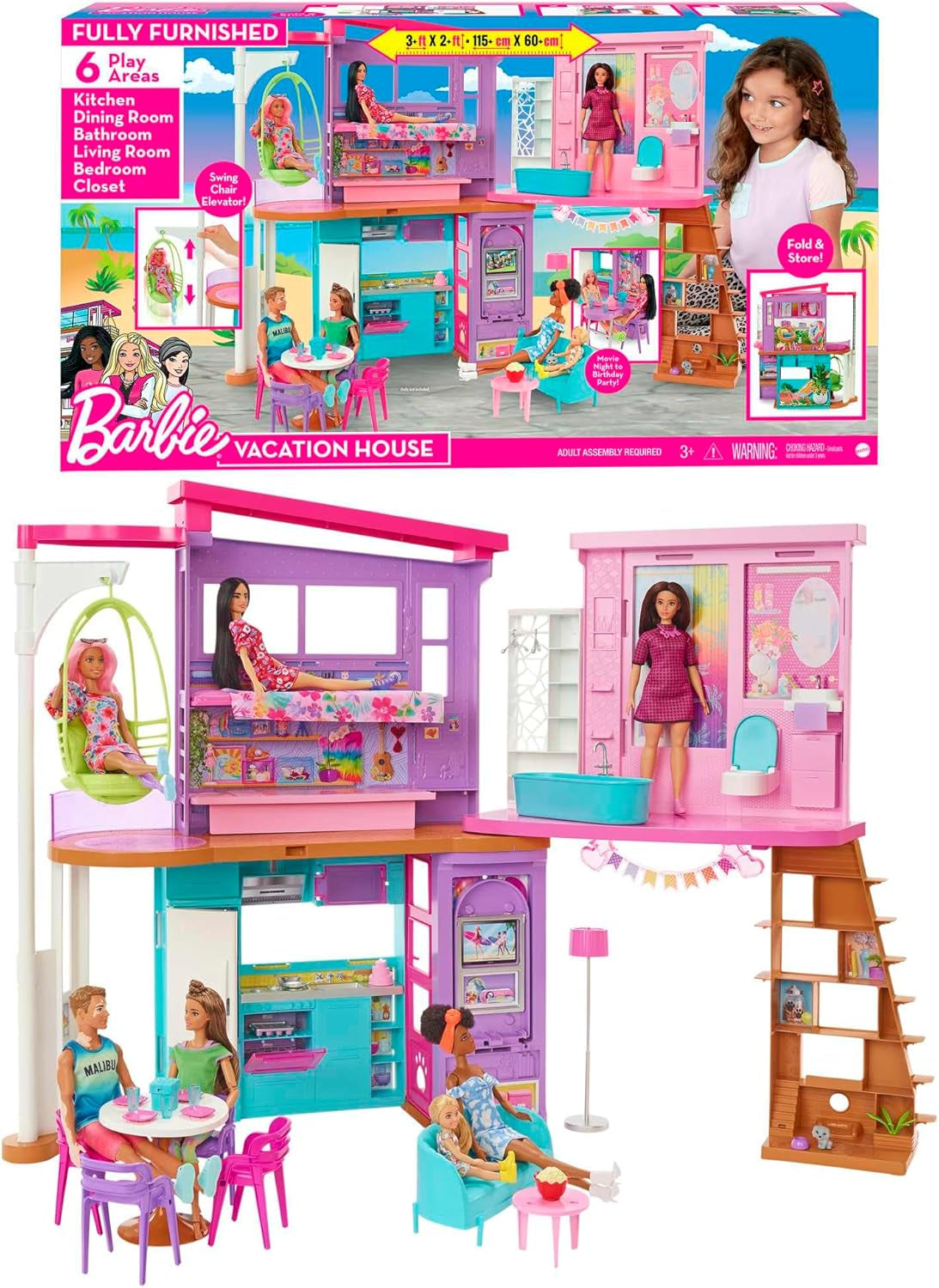 Barbie Holiday House (116 x 77,9 cm), casetta da gioco a 6 posti, completamente arredata con accessori, mobili e ascensore, pieghevole e riponibile, bambola, regalo per bambini dai 3 anni in su, HCD50
