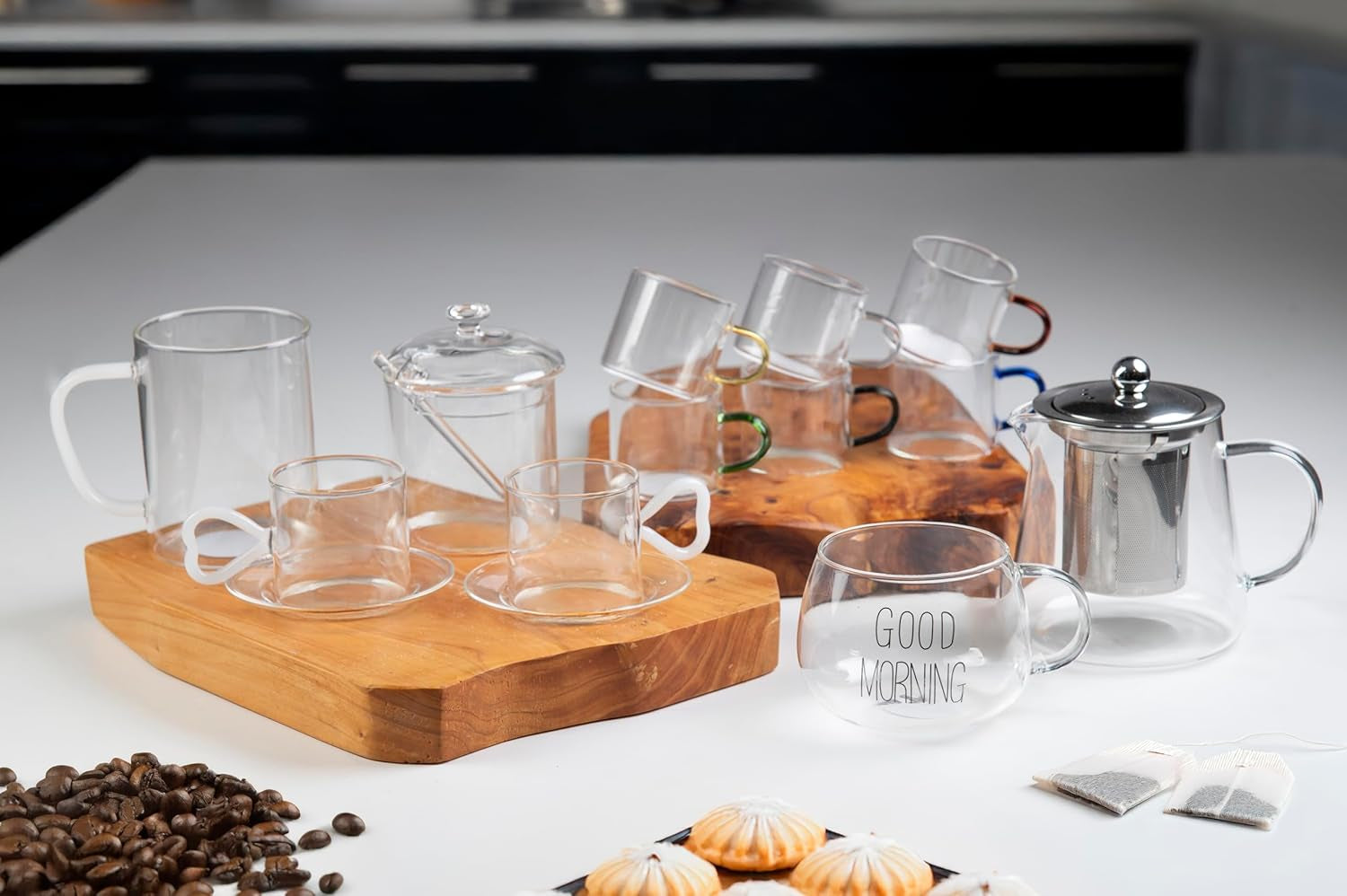 Barattolo in vetro borosilicato trasparente da 300 ml con coperchio e cucchiaino Good Morning