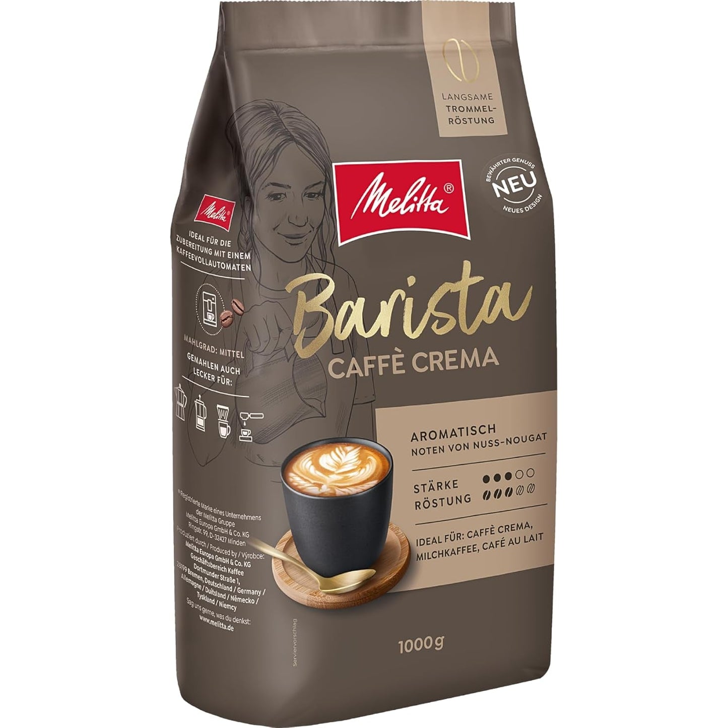 Melitta Barista Classic Crema, Whole Coffee Beans 1kg, Ungemahlen, Kaffeebohnen für Kaffee-Vollautomat, medium Röstung, Stärke 3, Verpackung kann varieren