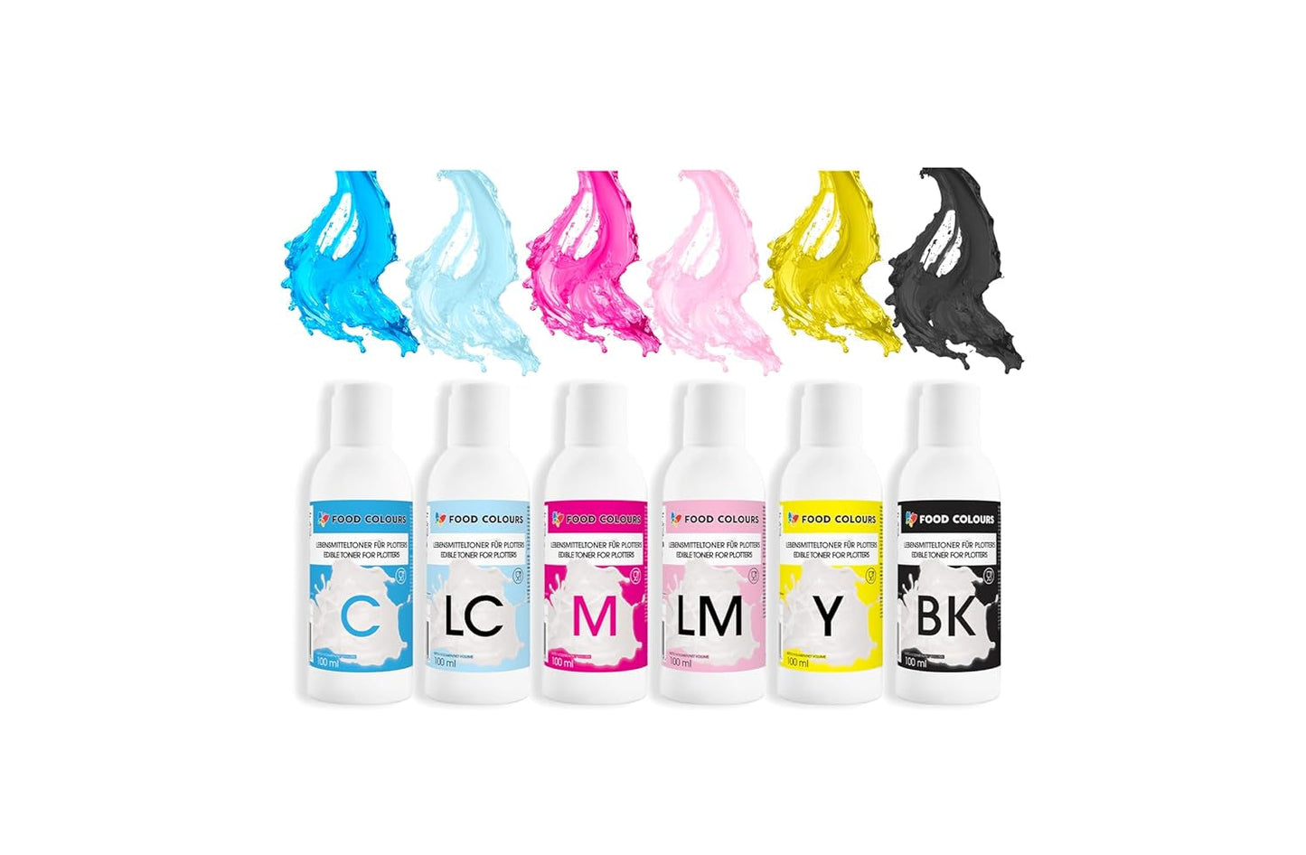 Set coloranti alimentari con inchiostri alimentari per plotter 6 x 100 ml | Ciano chiaro | Ciano | Magenta chiaro | | Magenta | Giallo | Nero | Stampa commestibile, stampa su carta wafer, topping decorativo per torte