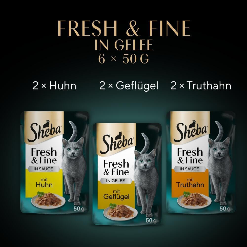 Sheba Portion Pouches Cibo umido per gatti, confezione multipla di gelatina di tacchino e pollo fresca e raffinata, 6x6x50 g - Cibo per gatti in gelatina di tacchino e pollo di alta qualità