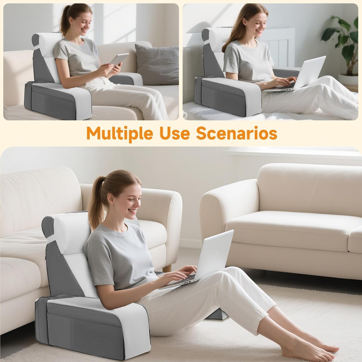 Ampio cuscino da lettura con supporto per collo e braccioli removibili, cuscino schienale per letto, cuscino schienale ergonomico con bracciolo, tasca e fodera lavabile per leggere e guardare la TV.