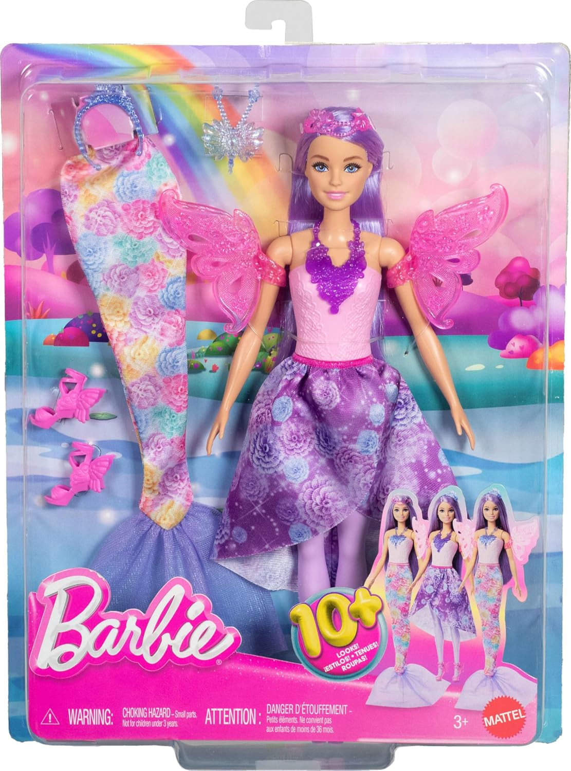 Barbie Doll 3-in-1 Playset con 8 accessori tra cui coda da sirena, ali di fata, collane reali, scarpe e altro per 10+ look diversi, JCP74