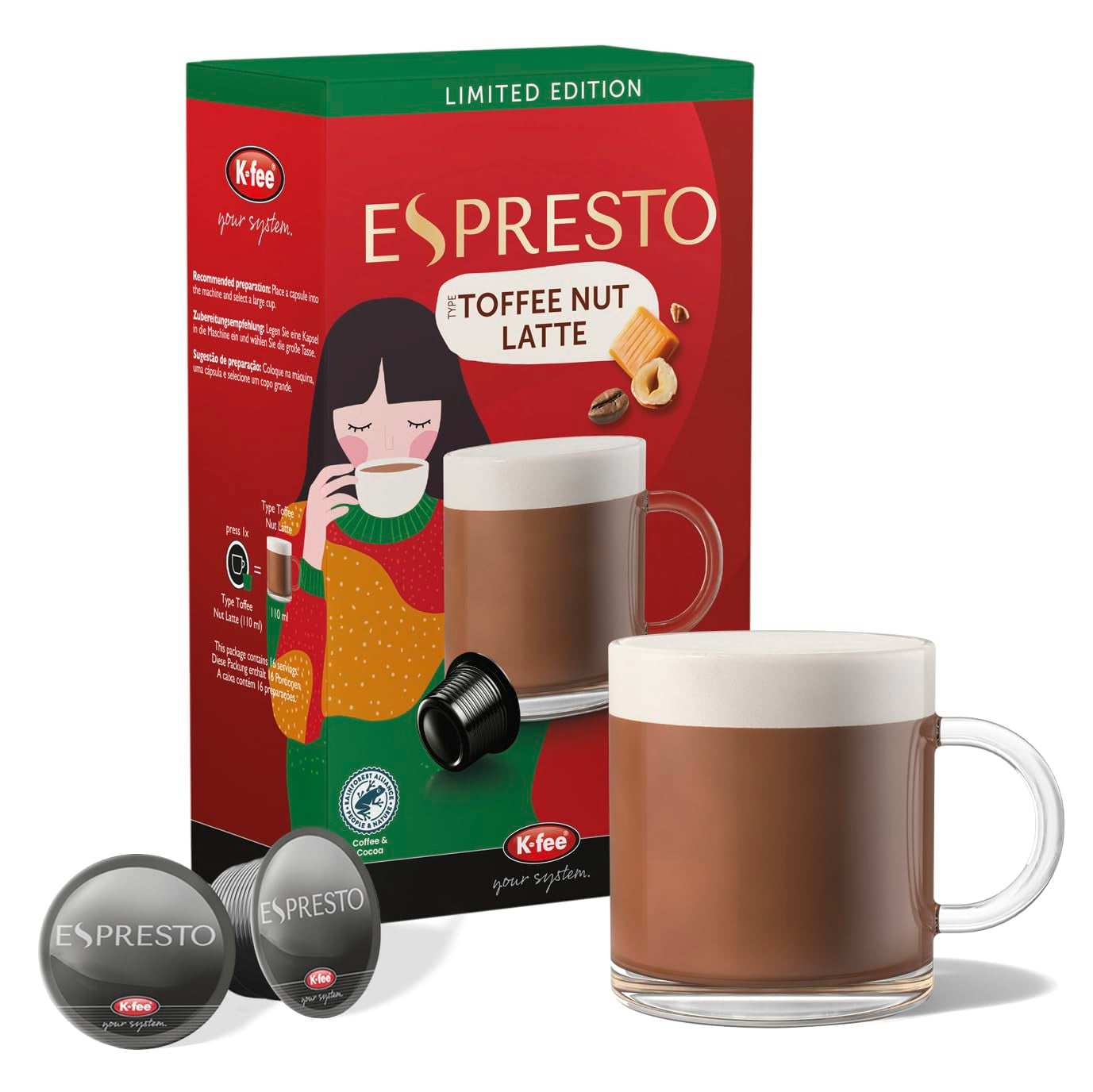 ESPRESTO Toffee Nut Latte, compatibile con K-fee e ALDI EXPRESSI*, caffè latte aromatizzato, certificato RFA, 96 capsule