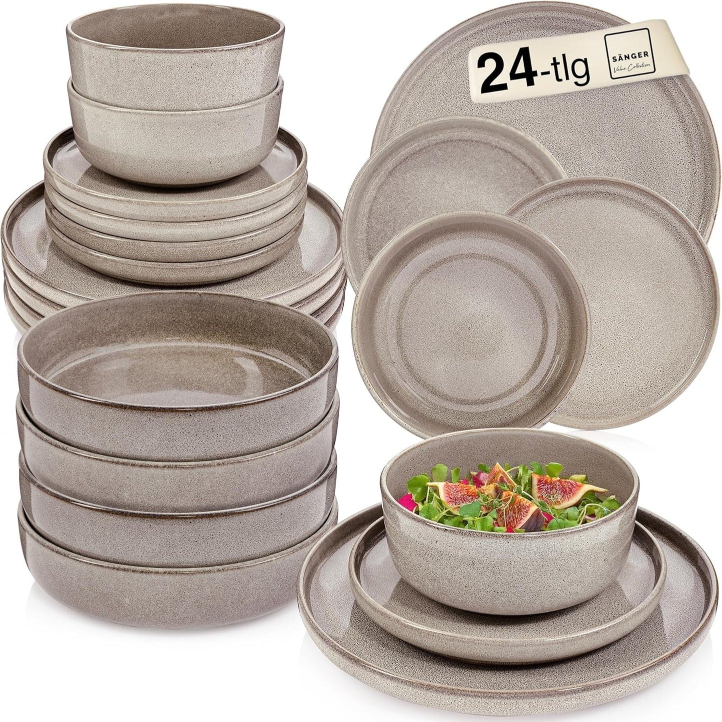 SÄNGER Cairo Clay | Set di stoviglie da 24 pezzi, set di stoviglie in gres per 6 persone, 6 piatti, 6 piatti da dessert, 6 ciotole per pasta, 6 ciotole da portata, set di stoviglie grigio | LA COLLEZIONE DI VALORE