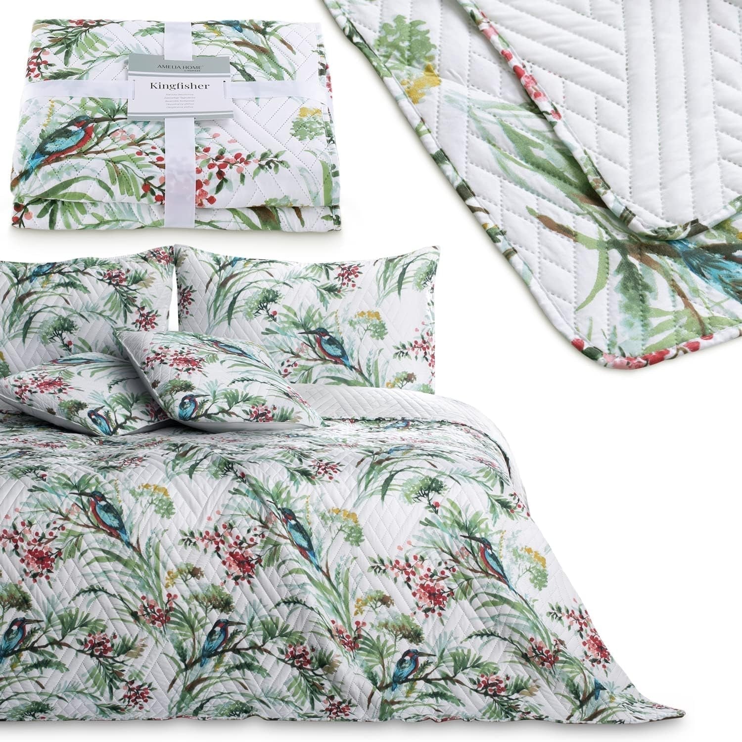 Ameliahome Copriletto Copriletto 260X280 cm Double Face Trapuntatura Facile da pulire Motivo vegetale Motivo uccello Martin pescatore multicolore Letti e coperte Besuche den AmeliaHome-Store