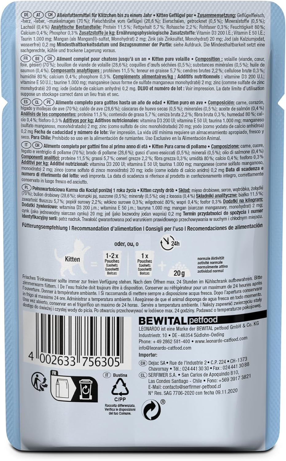 LEONARDO Fresh Buste [16 x 85g di cibo umido per gatti, senza cereali] | Alimento umido completo in bustine individuali
