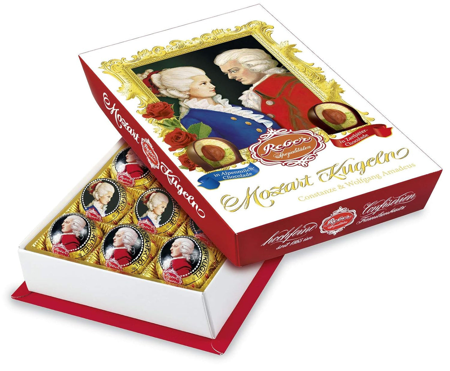 Reber Mozart palline al cioccolato fondente, confezione da 6 con marzapane e torrone, vegan - 1 x 120 g