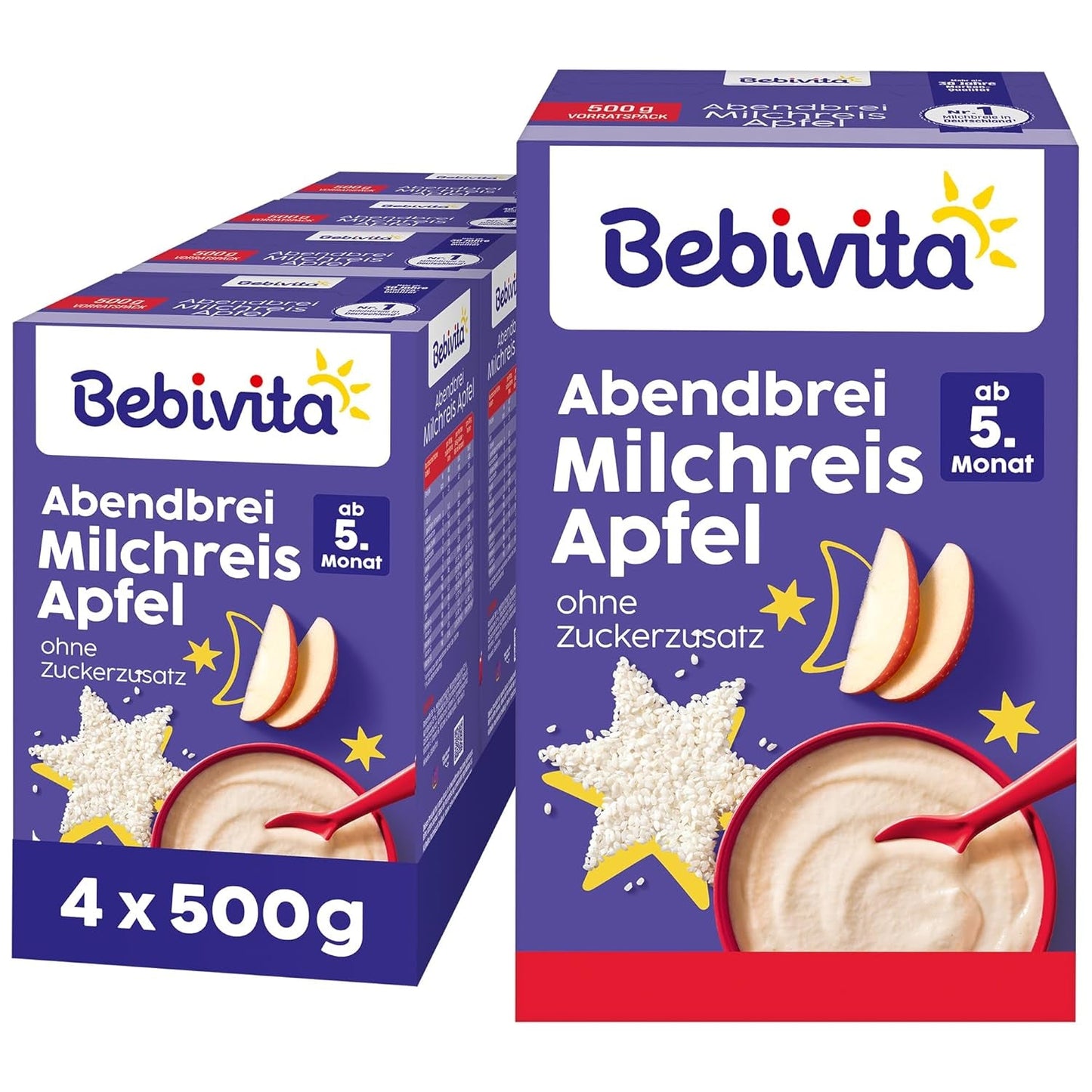 Budino di riso con mele e porridge serale (4x500g), porridge di latte di 5 mesi, con preziosi minerali e vitamine, senza zuccheri aggiunti, molto saziante