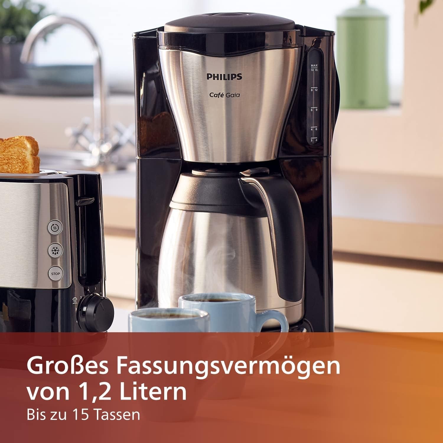PHILIPS Café Gaia Macchina per caffè espresso con filtro - Caraffa termica in acciaio inossidabile, Sistema antigoccia, Aroma intenso, Spegnimento automatico, 1300 ml, Nero (HD7546/20)