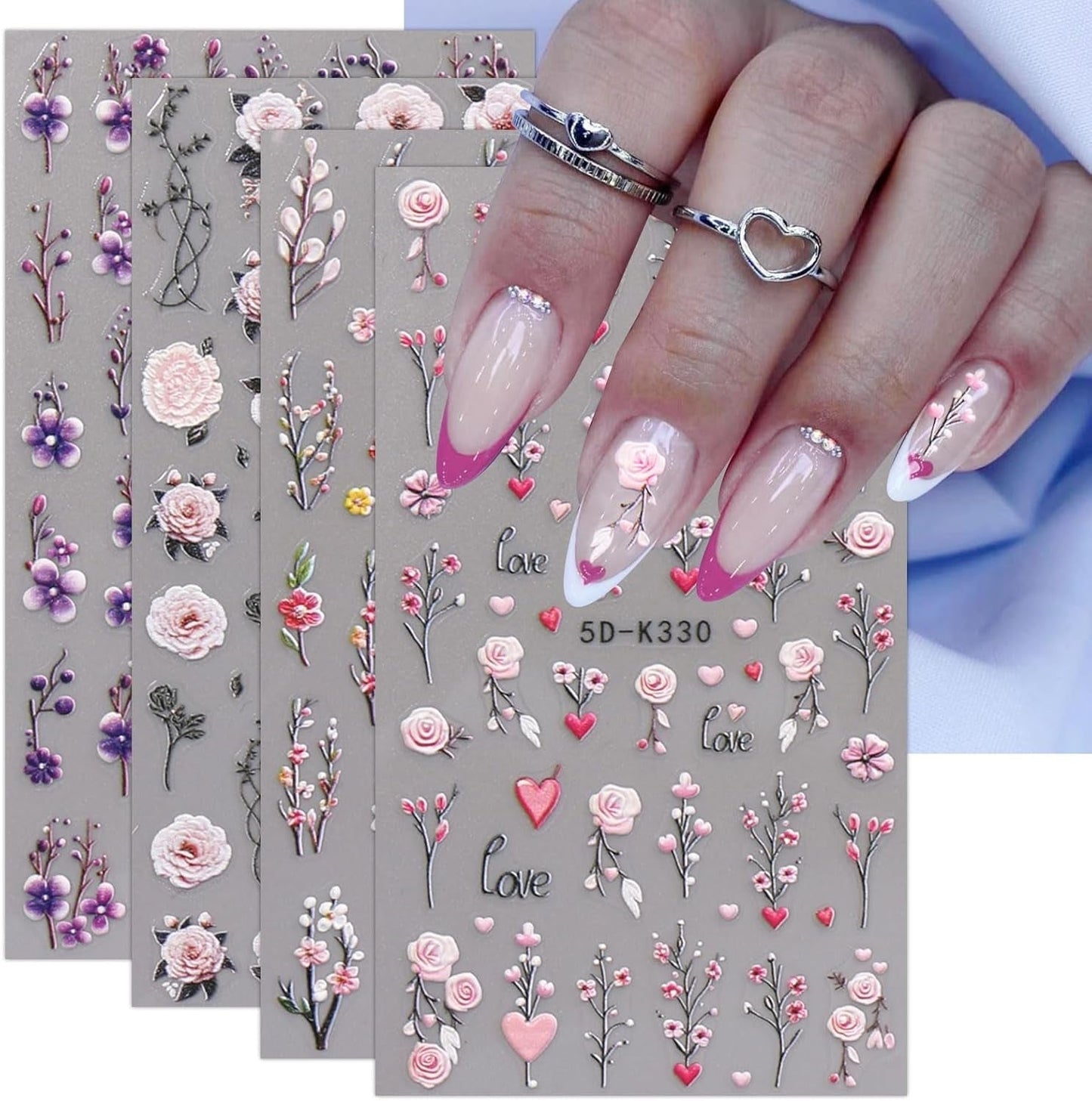 JMEOWIO 3D Nagelsticker Blumen Nail Art Sticker Selbstklebend Nagelaufkleber 5D Stereoscopico Frühling Sommer Dekoration Nageldesign Zubehör 4 Blatt