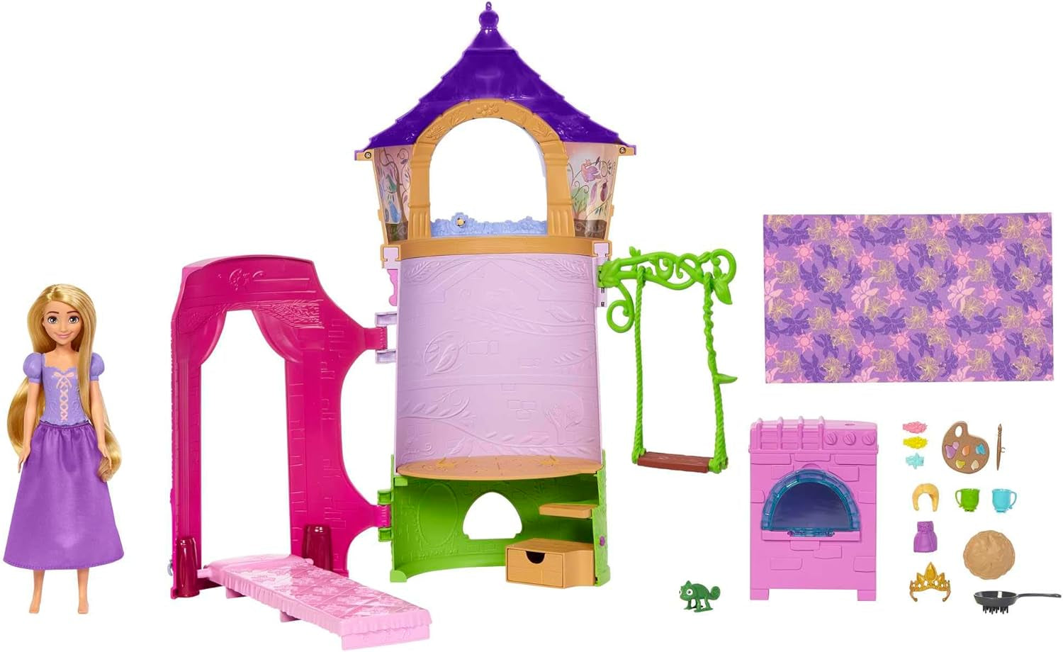 Disney Princess HMV99 - Bambola Rapunzel Mobile e Torre Giochi con Divertimento a 360 gradi, 6 Aree di Gioco e 15 Accessori, Ispirata al Film Disney, Giocattoli per Bambole di 3 Anni Naty Shop Dolls Rapunzel's Tower