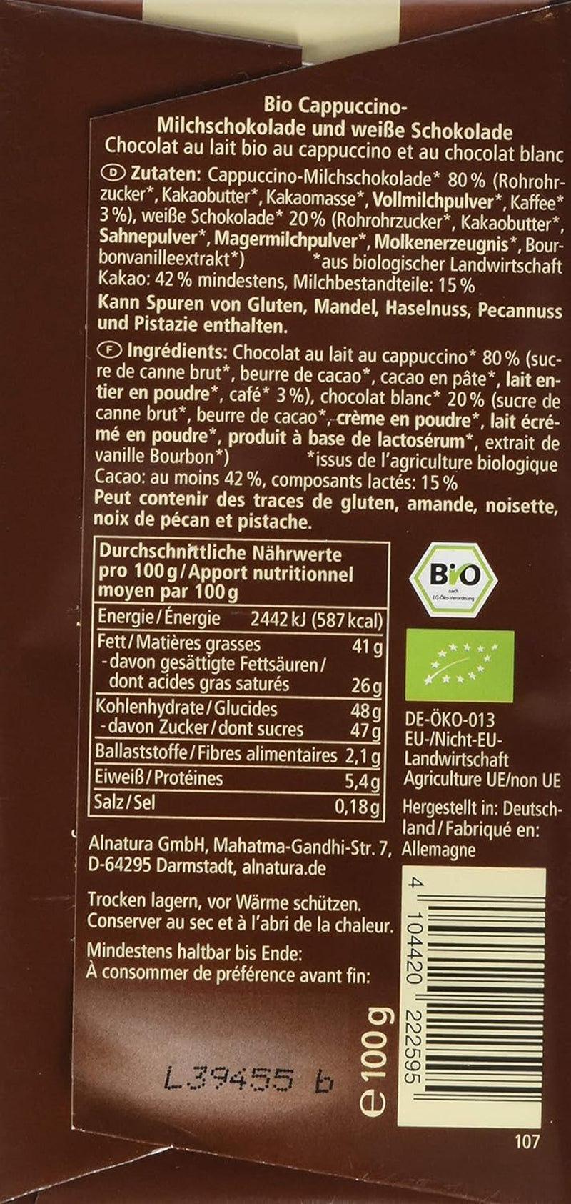 Cioccolato biologico ripieno di cappuccino, 100g