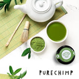 Polvere di matcha di grado cerimoniale Purechimp 50 g. Polvere di tè coltivata all'ombra pura al 100% per latte macchiato, infusi e ricette. Barattolo riciclabile. Ricco di antiossidanti.