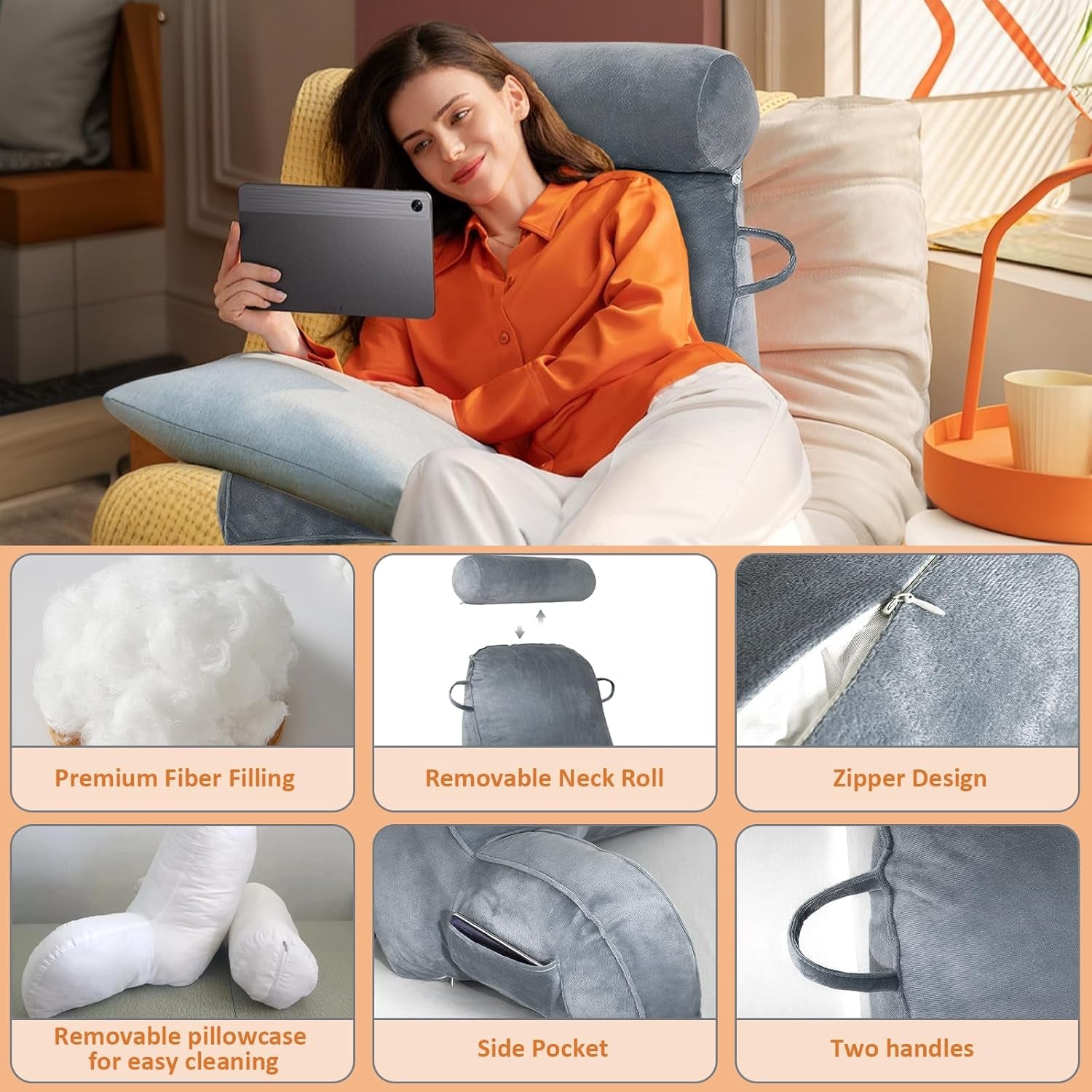 Cuscino da lettura XL per letto e divano con paranuca staccabile, cuscino per la schiena ideale per adulti con memory foam per leggere, lavorare, giocare, guardare la TV, rilassarsi (Grigio)