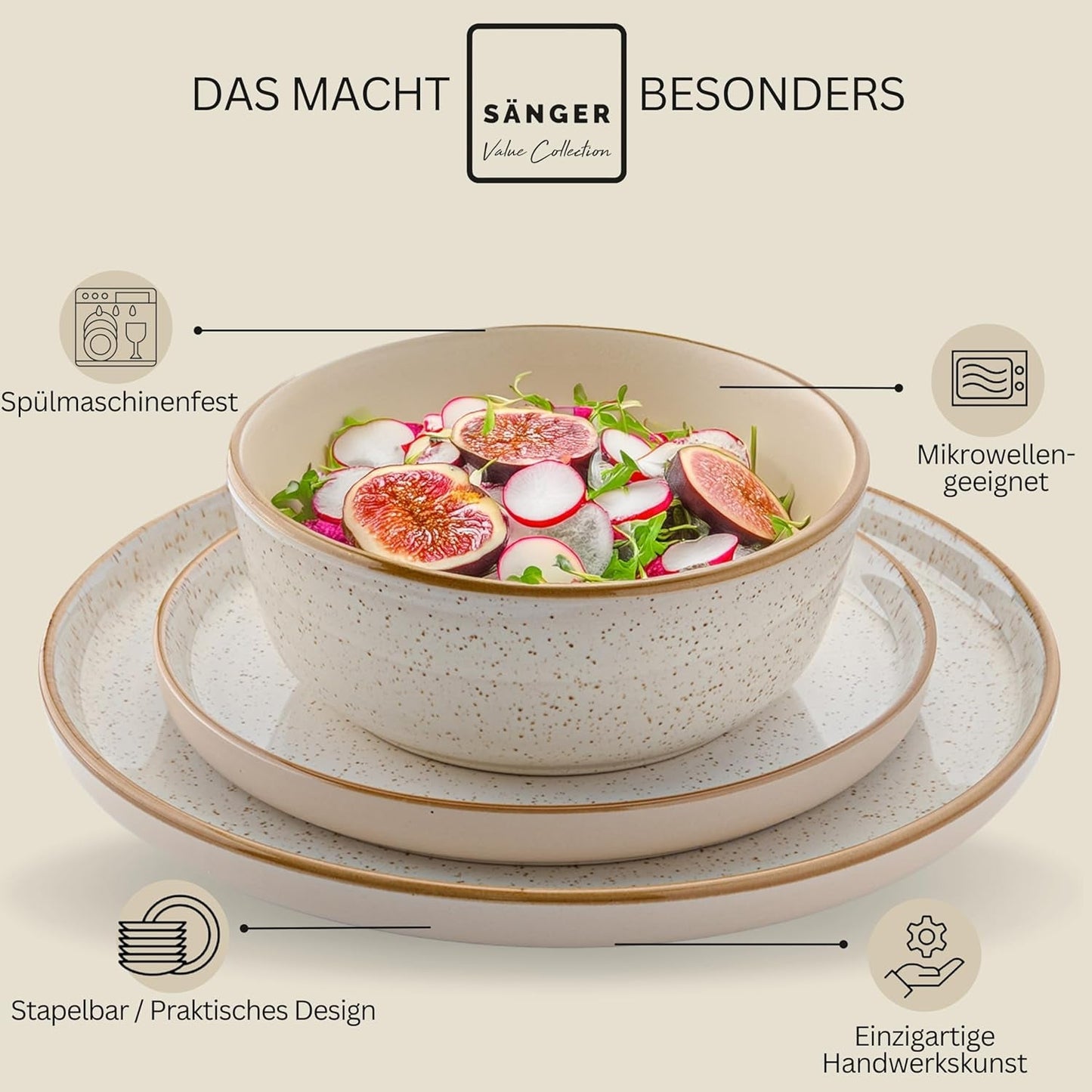 SÄNGER Rio Creme | Set di stoviglie in gres da 18 pezzi per 6 persone, inclusi 6 piatti piani, 6 piatti da dessert e 6 ciotole | LA COLLEZIONE DI VALORE
