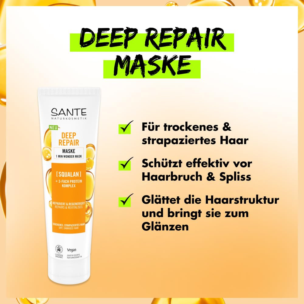 SANTE Natural Cosmetics Deep Repair Mask Squalane + 3x complesso proteico, maschera per capelli vegana per idratazione intensa e capelli flessibili, ripara e rigenera i capelli danneggiati, 150 ml Naty Shop Hair Mask