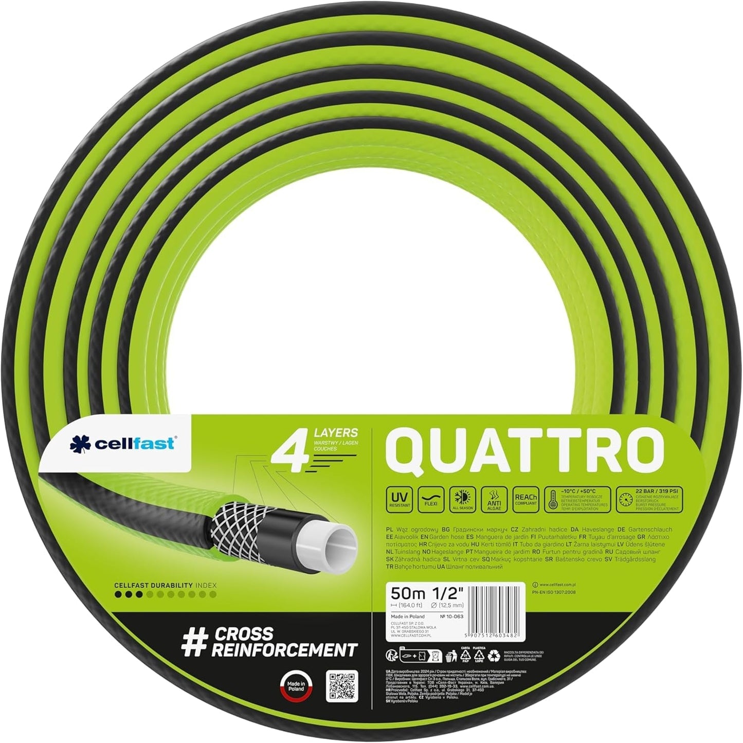 Tubo da giardino Cellfast QUATTRO Tubo flessibile da giardino durevole e leggero a 4 strati resistente ai raggi UV con treccia incrociata 20 Bar 3/4" 15 m 10-074