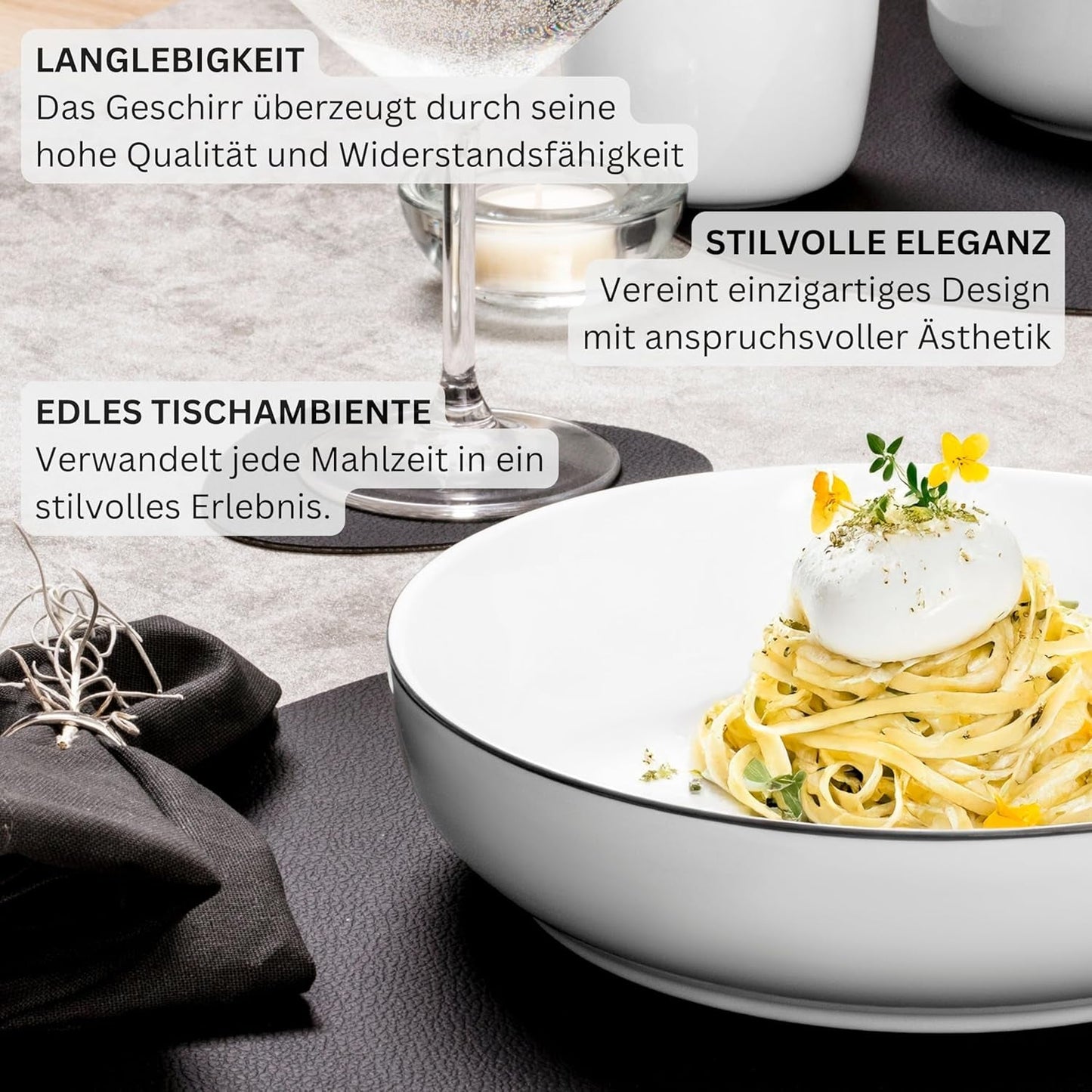 SANGER | Set di stoviglie Marlo Black and White Edge, set di stoviglie in porcellana da 18 pezzi per 6, bianco con accenti neri, piatti piani, piatti da dessert e ciotole, design moderno | LA COLLEZIONE PREMIUM