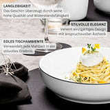 SANGER | Set di stoviglie Marlo Black and White Edge, set di stoviglie in porcellana da 18 pezzi per 6, bianco con accenti neri, piatti piani, piatti da dessert e ciotole, design moderno | LA COLLEZIONE PREMIUM