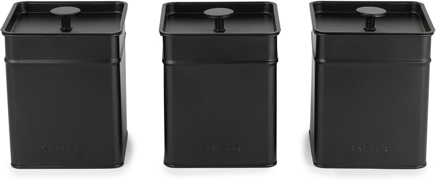 Salter BW12614EU7 Set di scatole portaoggetti Kuro - 4 contenitori da cucina Scatole organizer quadrate per pane/tè/caffè/zucchero, facili da pulire, per mantenere il cibo fresco Nero Naty Shop Scatole per alimenti, set da 3 pezzi