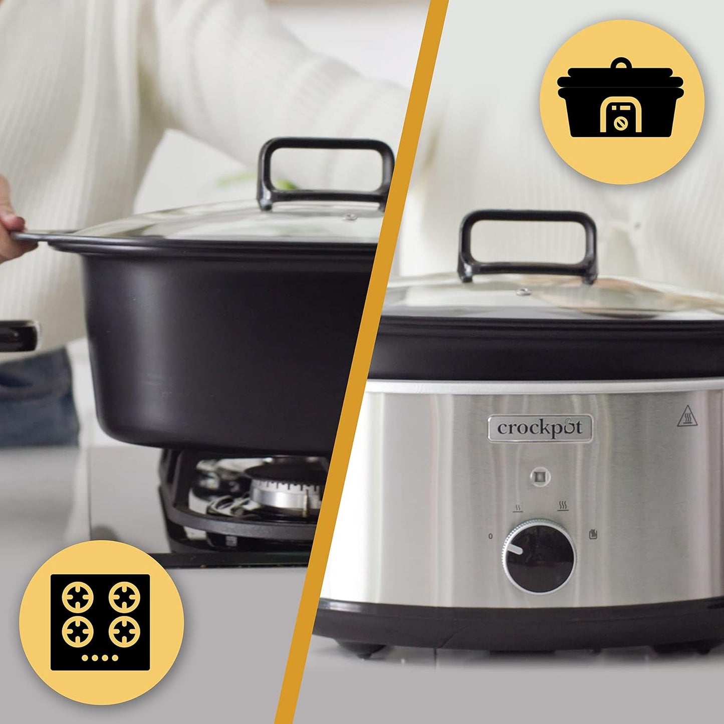 Crockpot a cottura lenta,| 3,5 litri (3-4 persone), contenitore per rosolare carne e verdure, Slow Cooker in acciaio inox Naty Shop