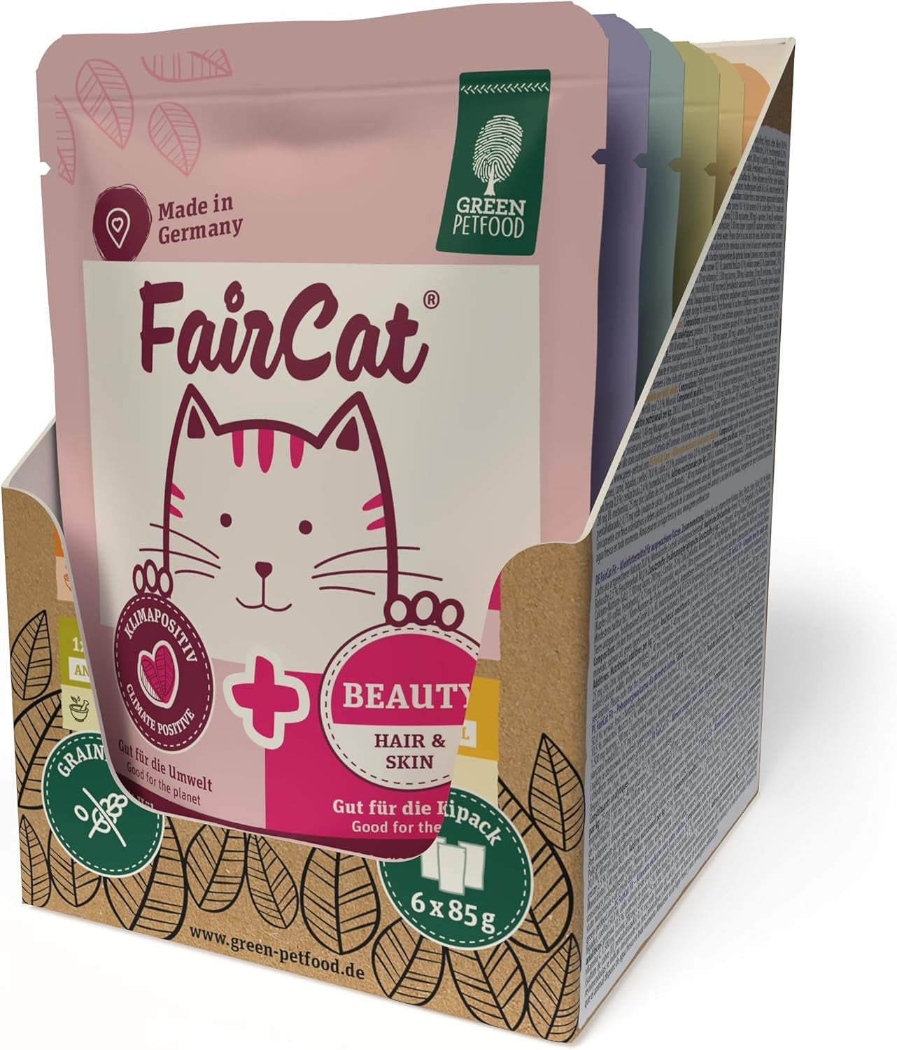 Green Petfood FairCat Confezione multipla (6 x 85 g) | Adulto | Cibo umido premium per gatti adulti 6 verschiedenen leckere Sorten im Multipack | getreidefrei | Katzenfutter nass | Confezione da 6