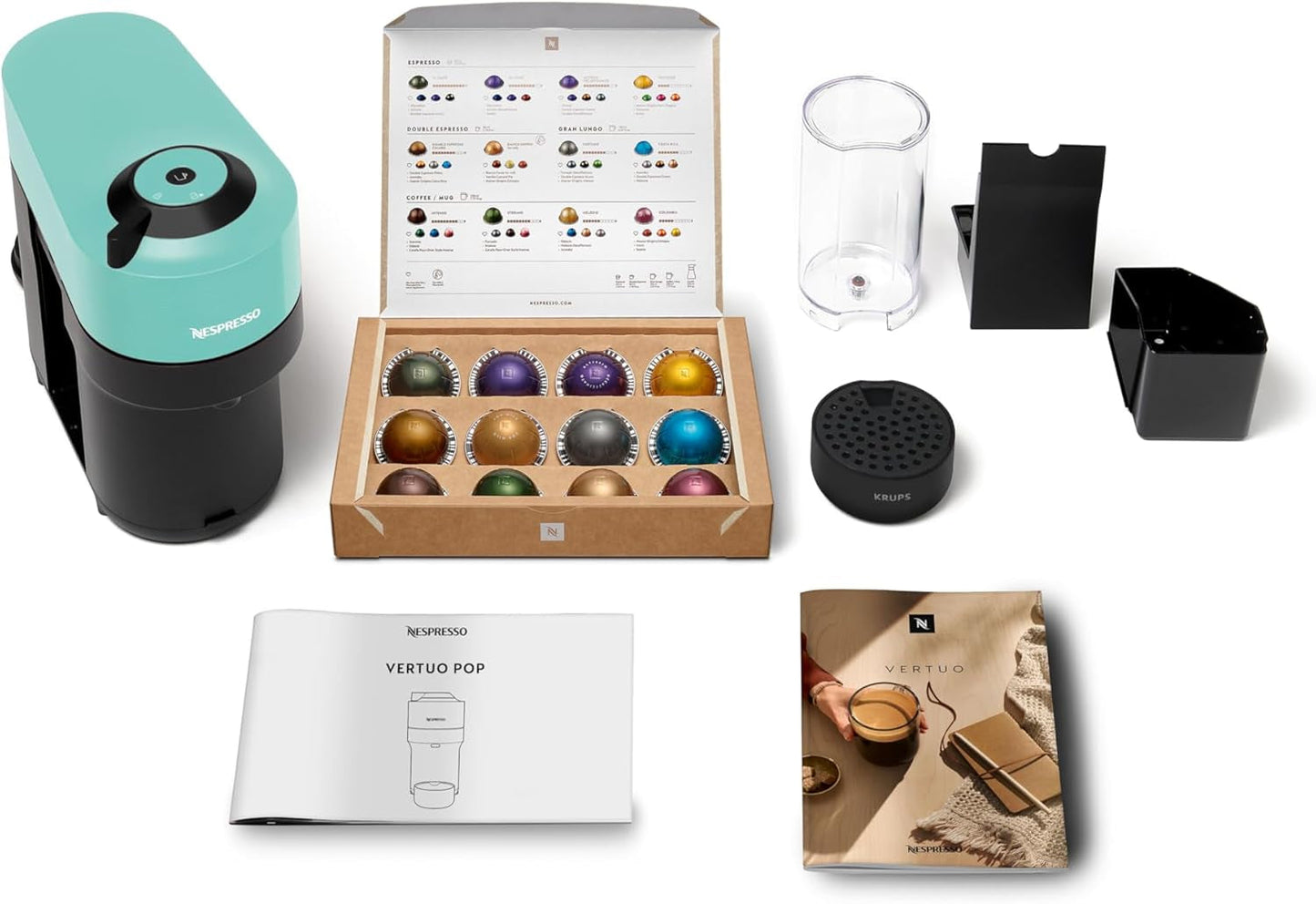 Macchina per caffè espresso con capsule Nespresso Krups Vertuo Pop, capacità: 560 ml, riconoscimento automatico delle capsule, sistema one-touch, 4 dimensioni di tazza, tempo di riscaldamento ridotto, sostenibile, Aqua Mint, XN9204