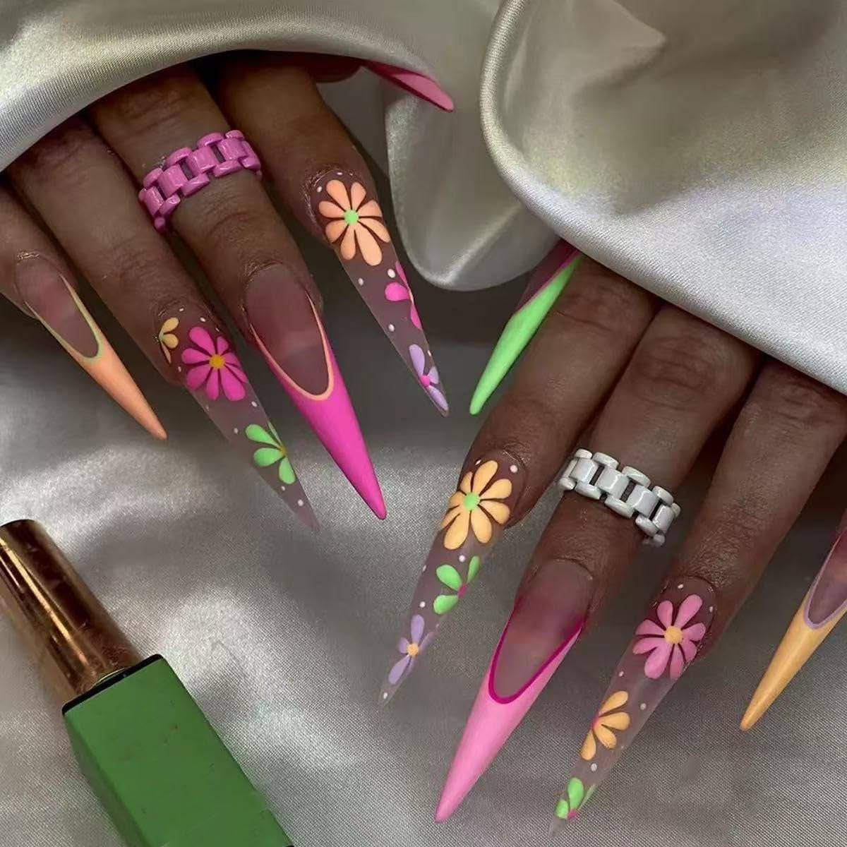 Moonglow Unghie Lunghe Stiletto Bianco Latte Rosa Sfumato Glitter Unghie Finte Fresche Con Colla Unghie Artificiali Glitter Rosa Ombre