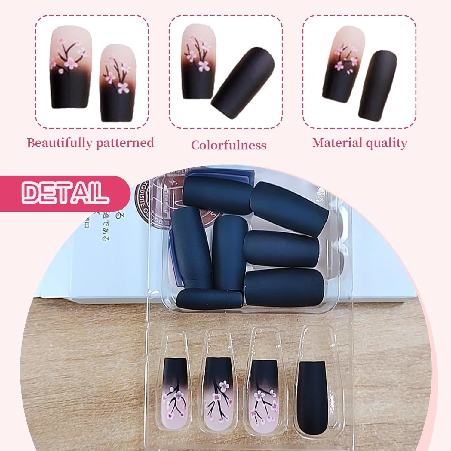 24 pezzi Autunno Nero French Press Unghie Fiore rosa Unghie lunghe Colla su unghie finte Autunno Unghie finte Set con accessori
