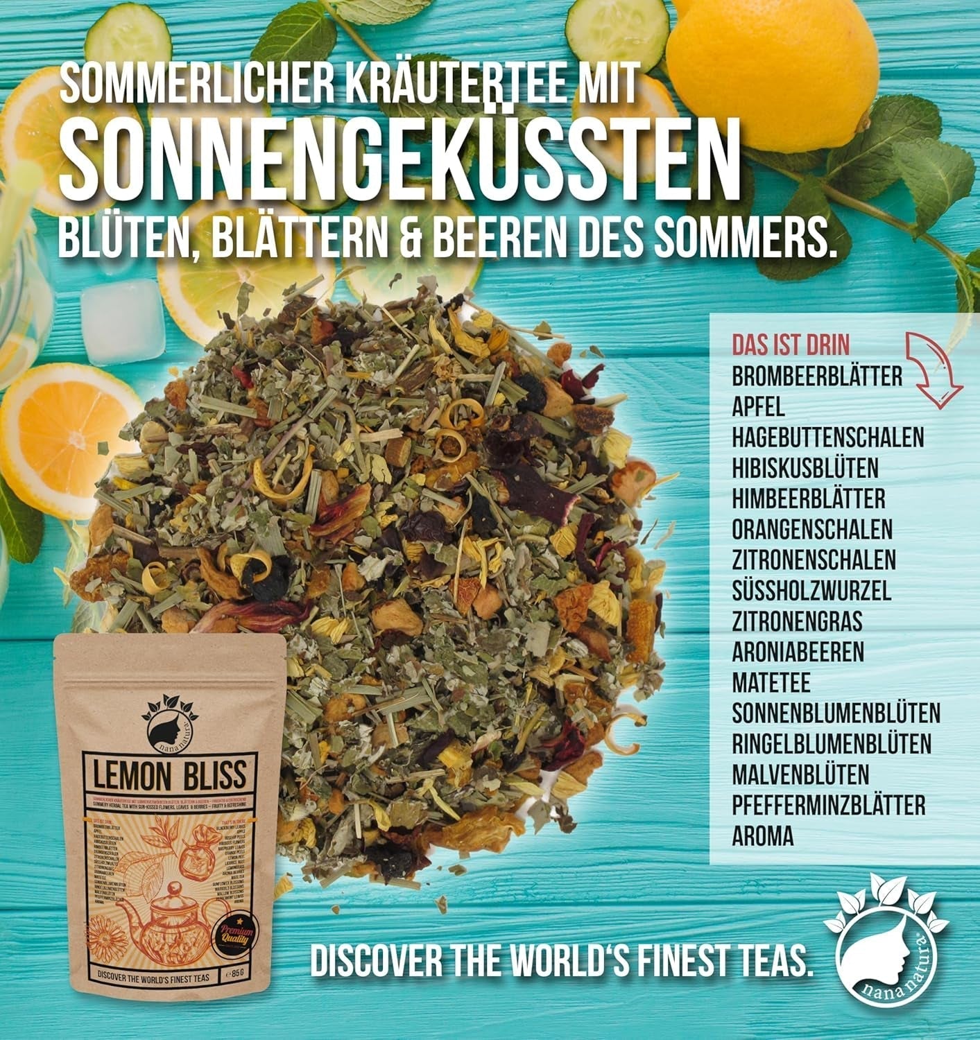 TÈ originale AL LIMONE BLISS di Nananatura 85G | Tisana estiva fruttata e rinfrescante | Come tè freddo, tè freddo o classico caldo | Con fiori, foglie e bacche maturate al sole | Niente zucchero