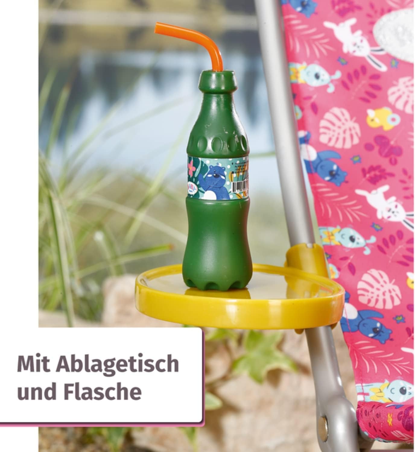 BABY Born 832790 Weekend Fishing - Set di accessori per bambola da pesca con lettino con stampa vivace, tavolino, bicchiere, cestino, anatroccoli e canna da pesca e maglietta lunga rosa, Rosa