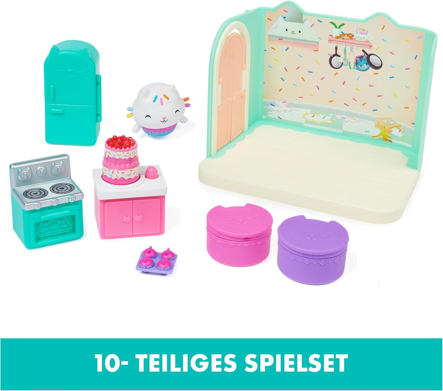CASA DELLE BAMBOLE GABBY'S DREAMWORKS - Camera Deluxe, pasticceria Cakey, cucina Kuchi (rumeno: Cakey), 3 mobili e 2 scatole a sorpresa con accessori, adatta a bambini dai 3 anni in su