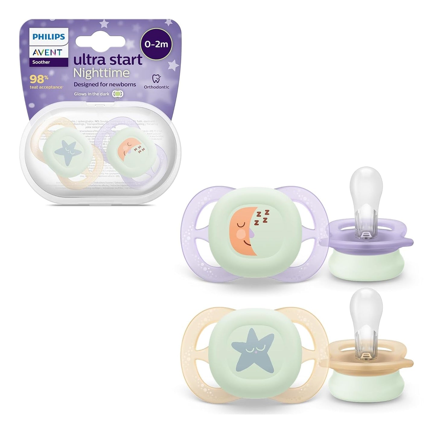 Philips AVENT Ciuccio Ultra Start Night, Ciuccio ortodontico per neonati, Si illumina al buio, Senza BPA, con contenitore per sterilizzazione, Confezione doppia, Luna, Stella, SCF075/07