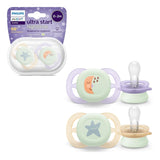 Philips AVENT Ciuccio Ultra Start Night, Ciuccio ortodontico per neonati, Si illumina al buio, Senza BPA, con contenitore per sterilizzazione, Confezione doppia, Luna, Stella, SCF075/07