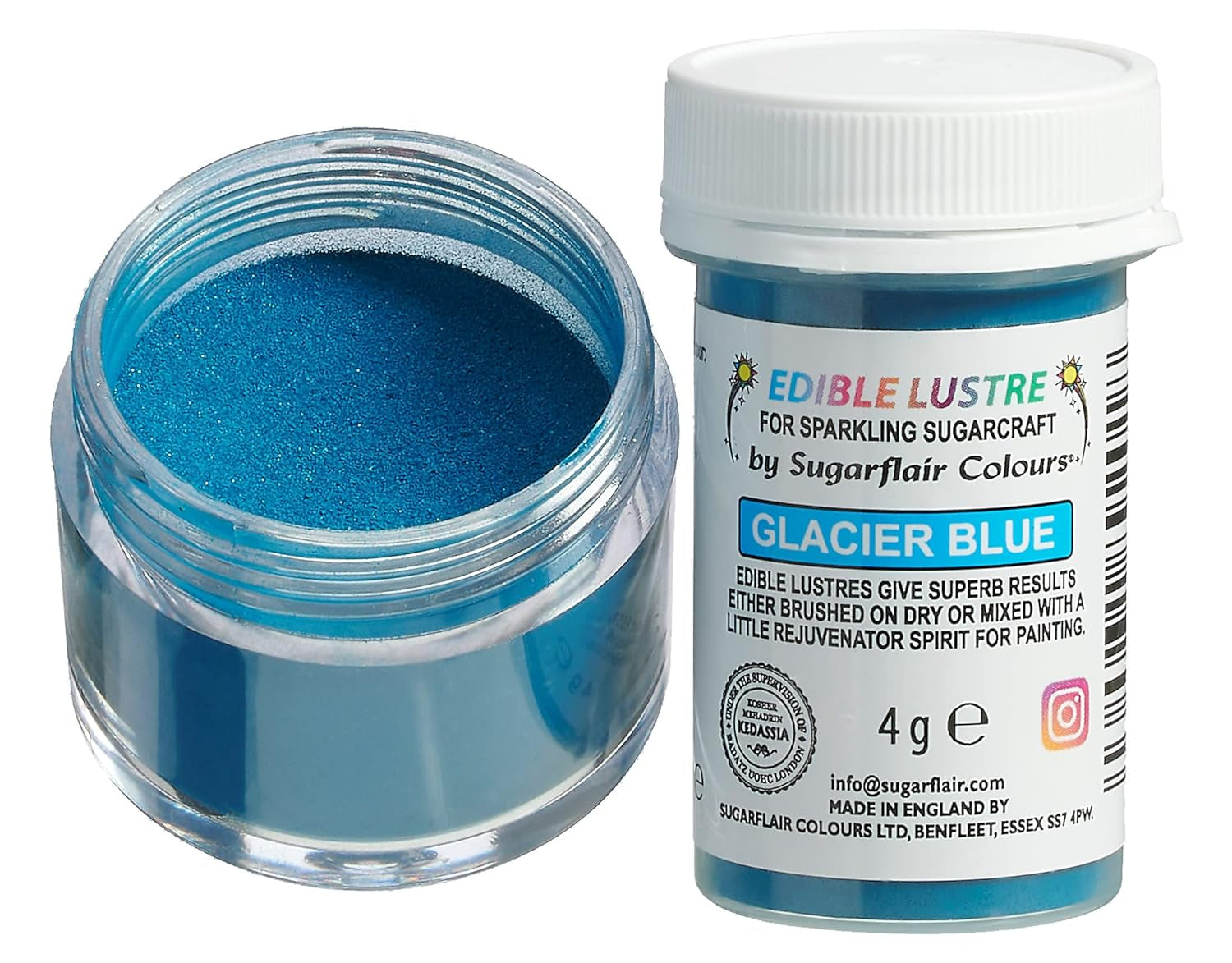 Colorante alimentare commestibile Sugarflair Lustre, Glacier Blue - Polvere commestibile brillante per torte, muffin, cioccolato, pasticcini, dessert, gelati, bevande, cocktail e altro - 4g