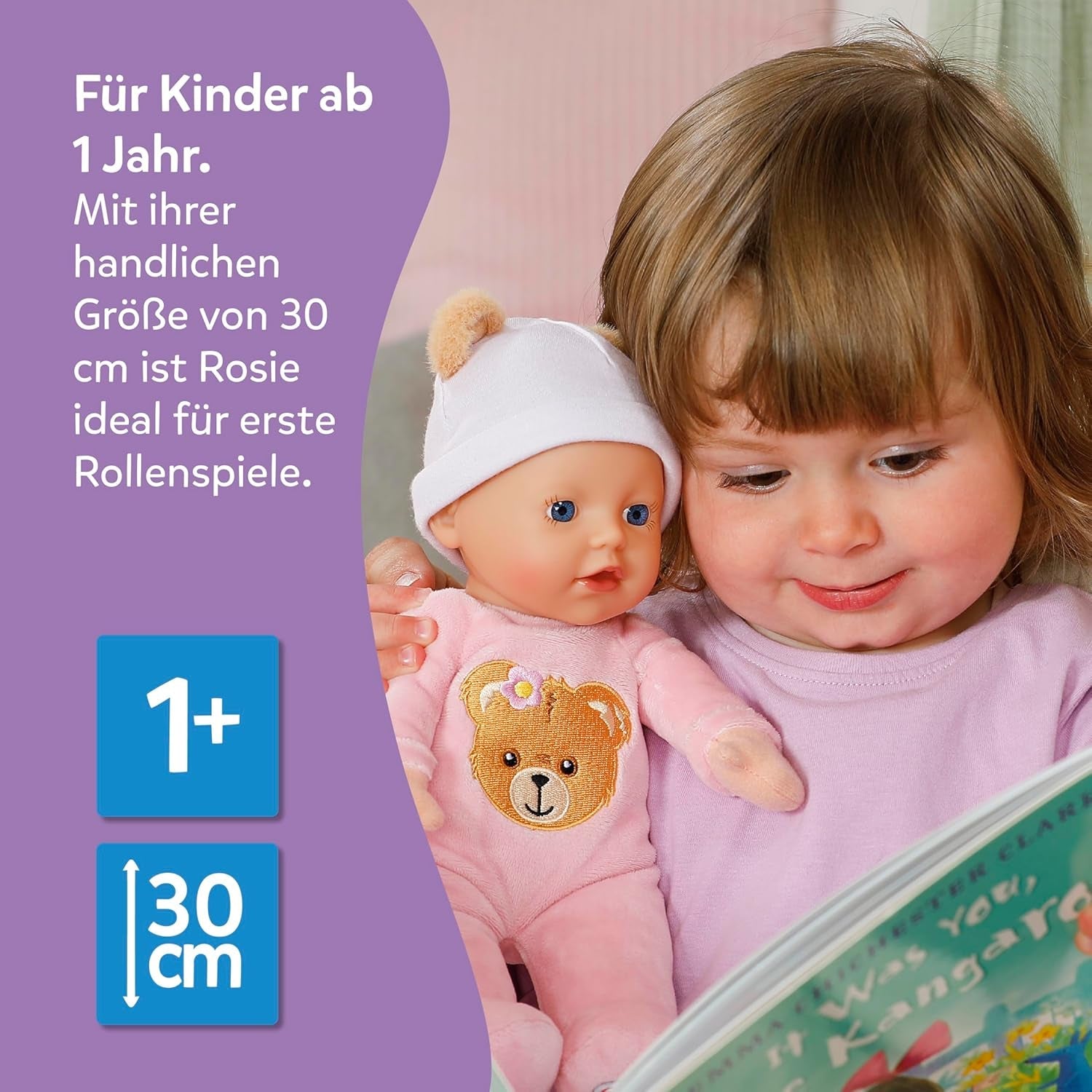 Baby Born Rosie bambola morbida 30 cm con 6 suoni e biberon, rosa