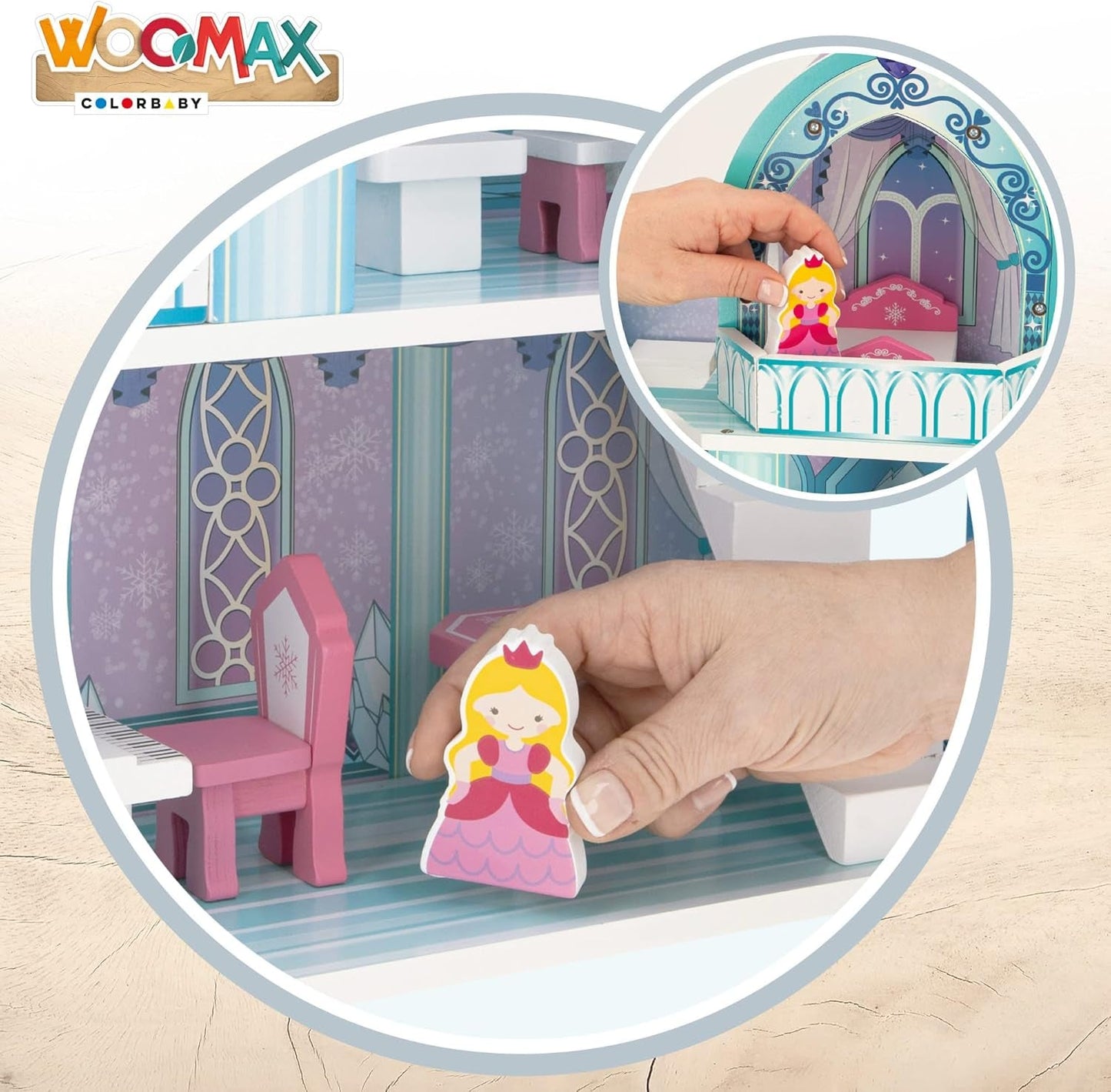 Casa delle bambole in legno, Castelli delle principesse in legno, Case delle bambole, 3 piani, Castelli delle principesse, 9 pezzi in legno, 37x15x53,5 cm, Giocattolo in legno, dai 3 anni in su