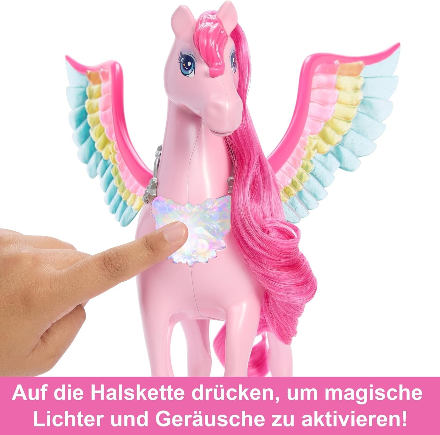 Barbie Pegasus Magic Hide and Seek - Giocattolo interattivo con luci e suoni, 10 accessori, Ali arcobaleno, dai 3 anni in su, HLC41