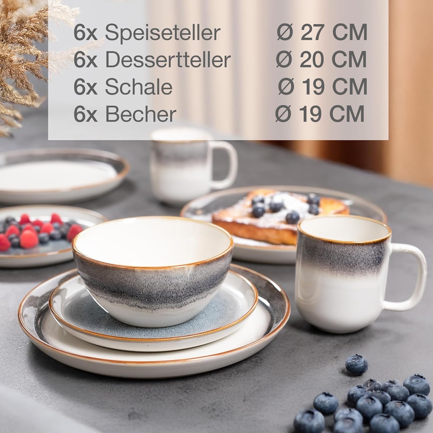 Moritz & Moritz TARENTO Servizio Piatti 24 Pezzi per 6, Grigio - Elegante Set di Piatti in Gres di Alta Qualità - Il set di stoviglie comprende 6 piatti piani, 6 piatti da dessert, 6 piatti piani e 6 tazze